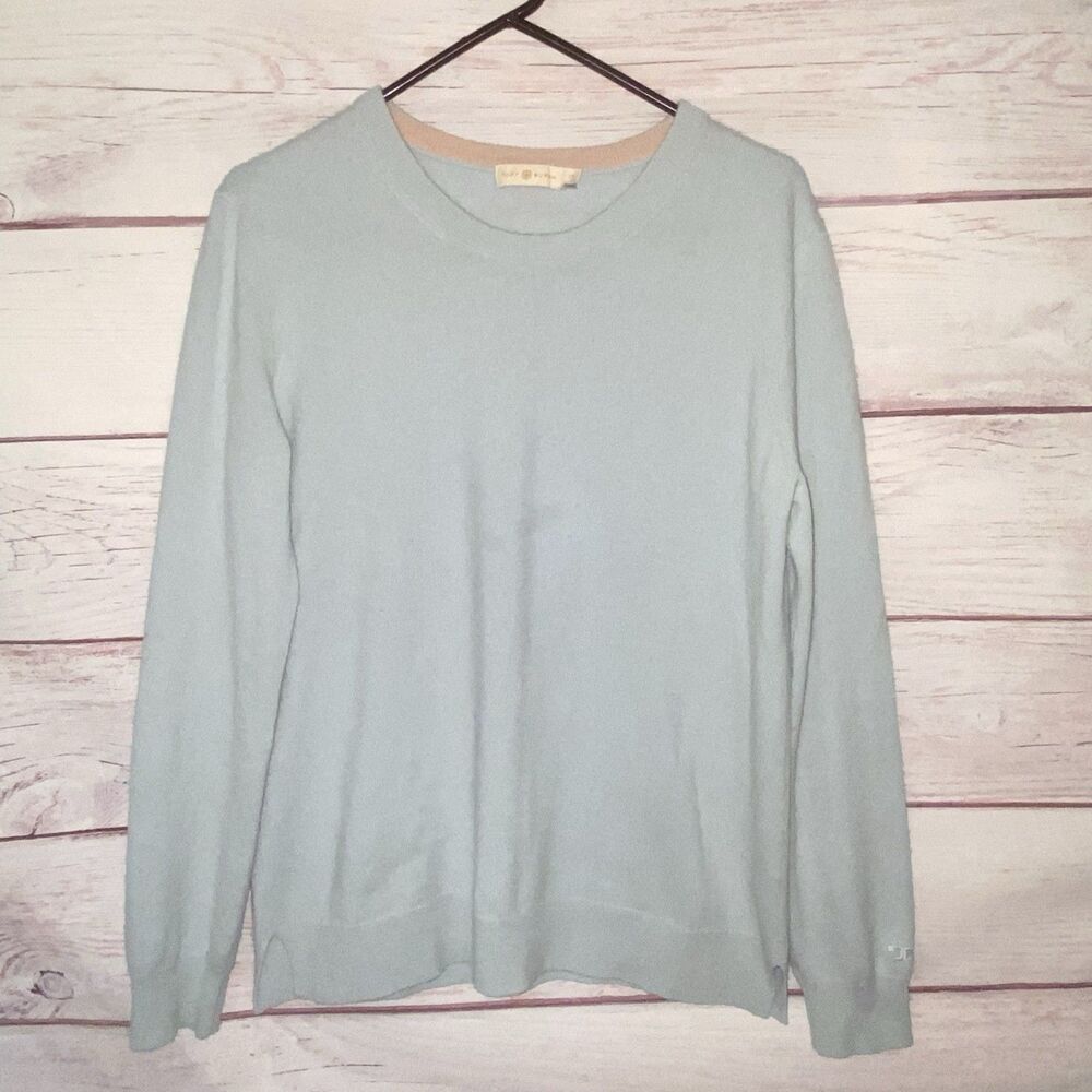 Tory Burch 100% Cashmere Sweater Womens Large Light Blue Crewneck Pullover B11